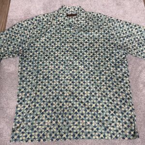 Tori Richard Shirt Mens Large Blue Geometric Hawaiian Made USA Button Front